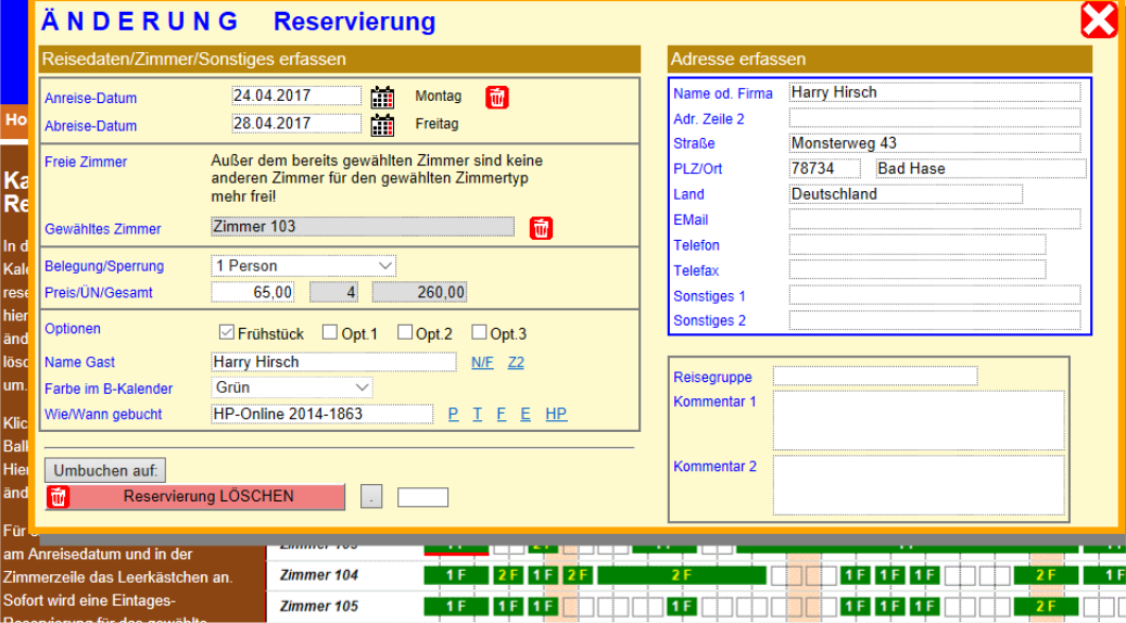 Belegungsplan: Erfassung der Reservierung