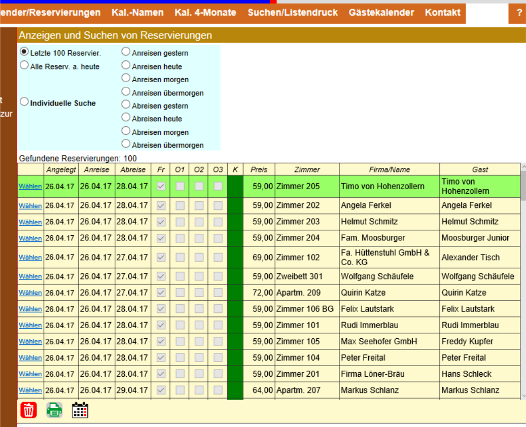 Belegungsplan: Suchen und Listenausgabe