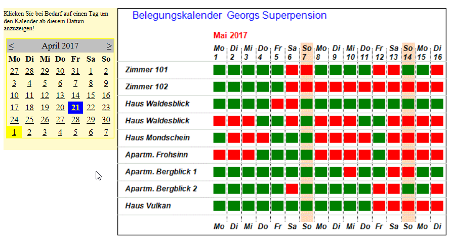 Gäste Belegungskalender/Belegungsplan